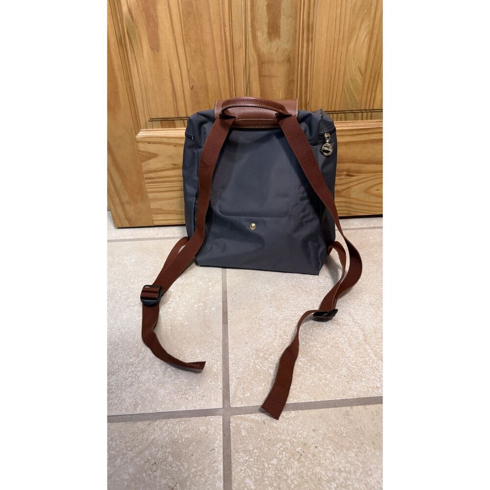 Longchamp Le Pliage Backpack Gray Nylon Brown Leather Travel Daypack Foldable - Picture 3 of 8